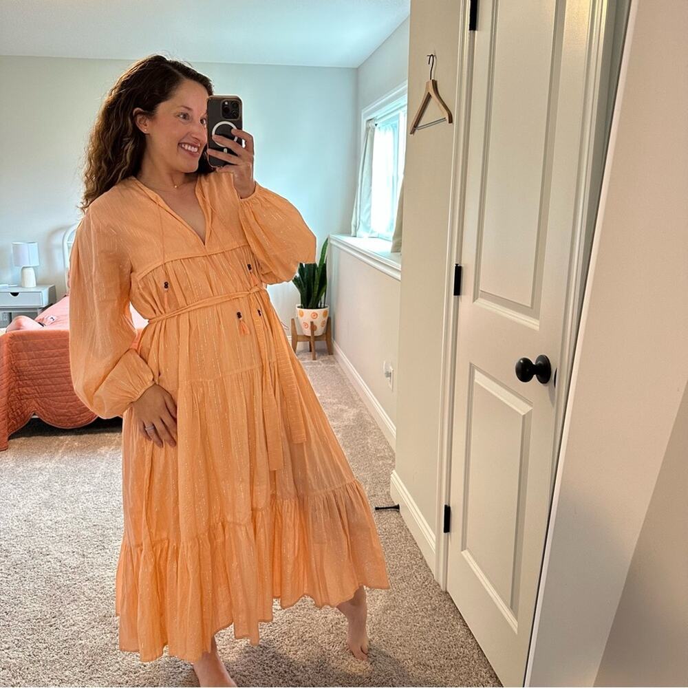 Emerson Fry India Collection Pink Peach Metallic Long Sleeve Maxi Dress M/L - Picture 4 of 16